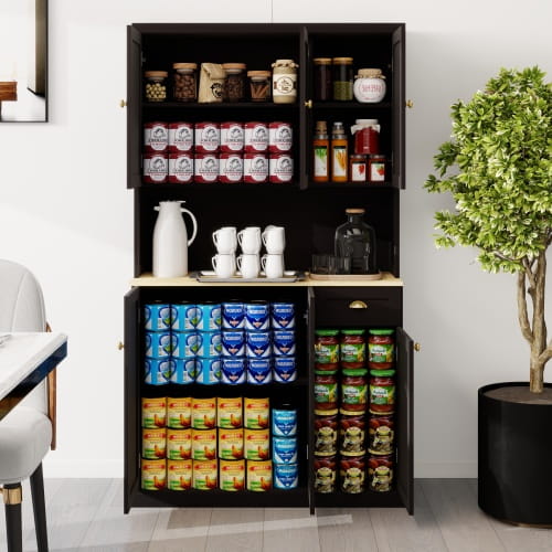 Kitchen Pantry Storage Cupboard With Microwave Countertop Freestanding Cabinet With Adjustable Shelves 6 Doors And 1