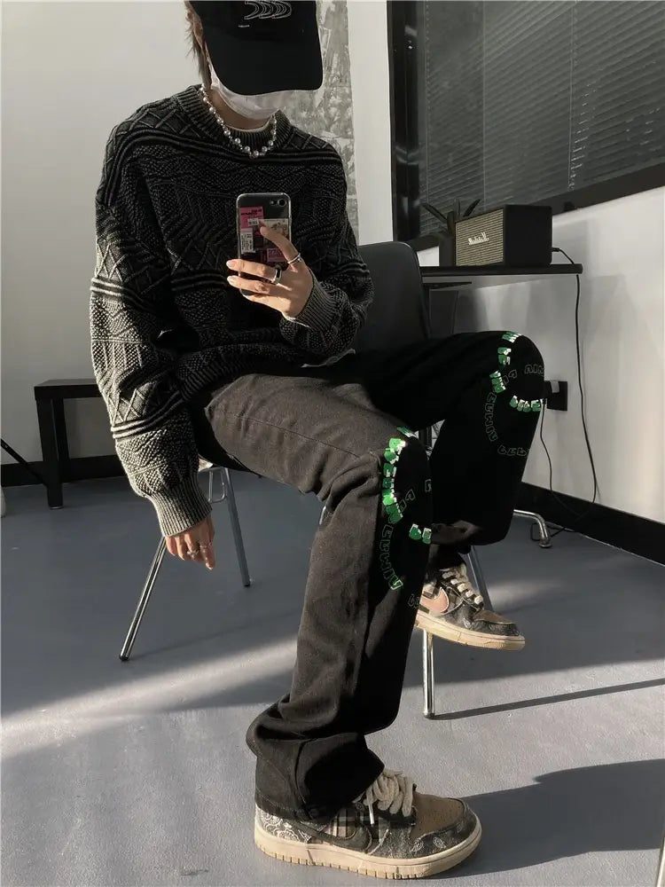 Men’s Straight Loose-Fitting Wide-Leg Letter Jeans