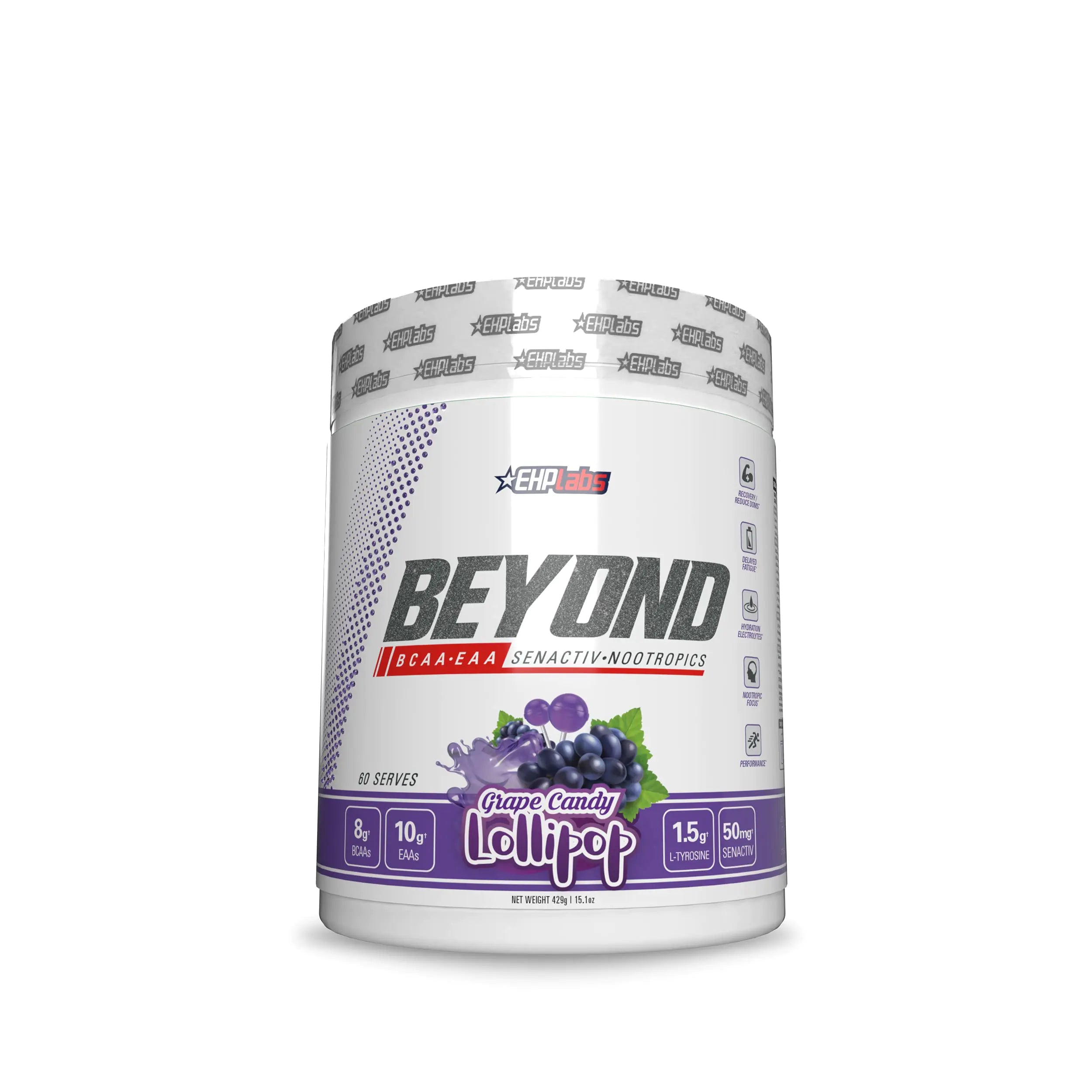 EHP Labs Beyond BCAA Powder Amino Acids Post Workout Recovery - BCAAs Essential Amino Acids EAA Supplements Powder - 10g Amino Acids Supplement for Muscle Recovery 60 Servings (Grape Candy Lollipop)
