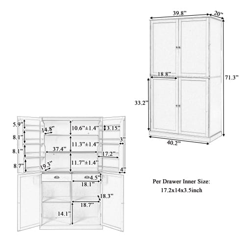 40.2x20x71.3 Inches Tall Freestanding Kitchen Pantry Large Cabinet Storage Cabinet Unavailable Platforms- Welfel