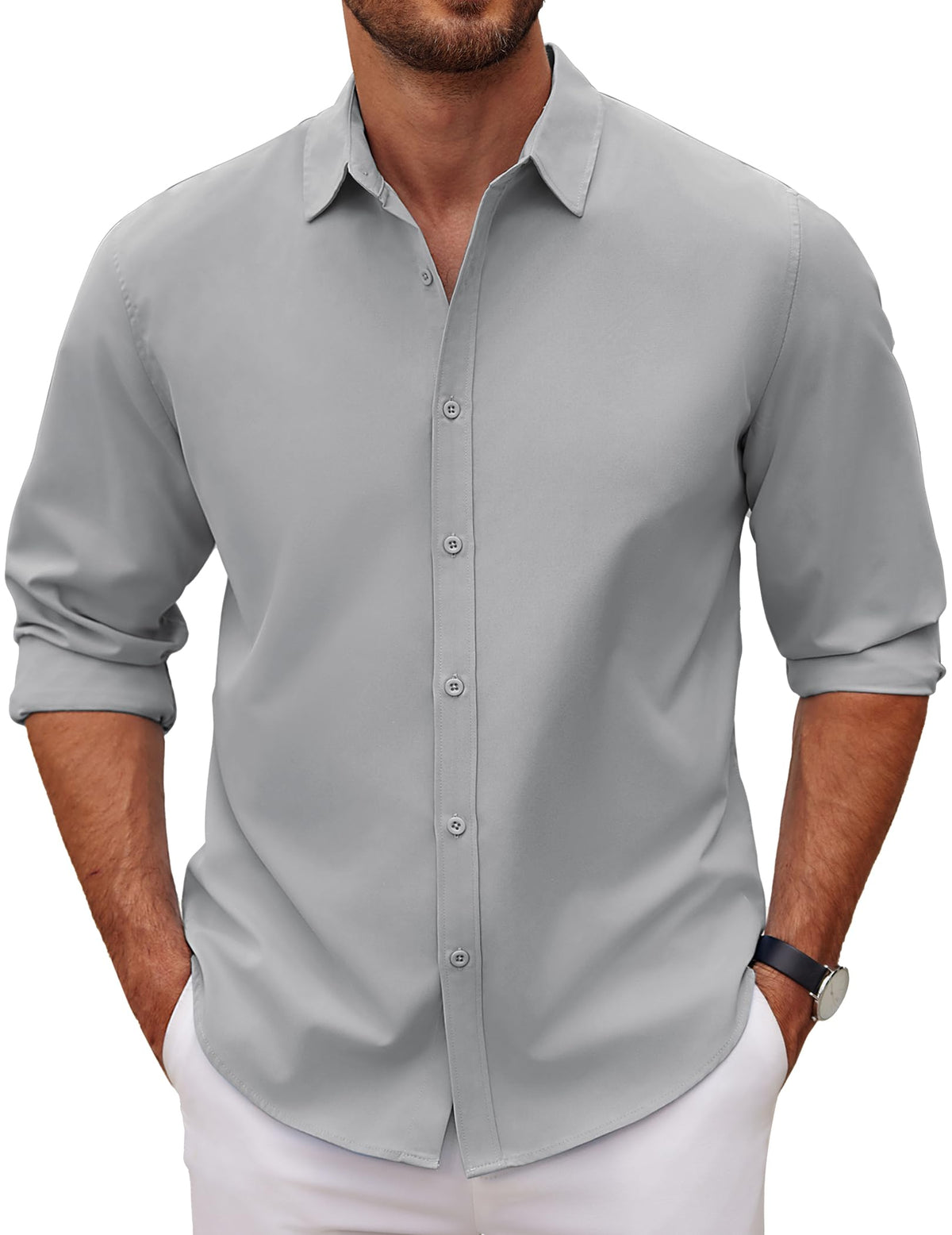 COOFANDY Mens Long Sleeve Button Down Shirt Casual Untucked Dress Shirts Suumer Wedding Shirt Light Gray