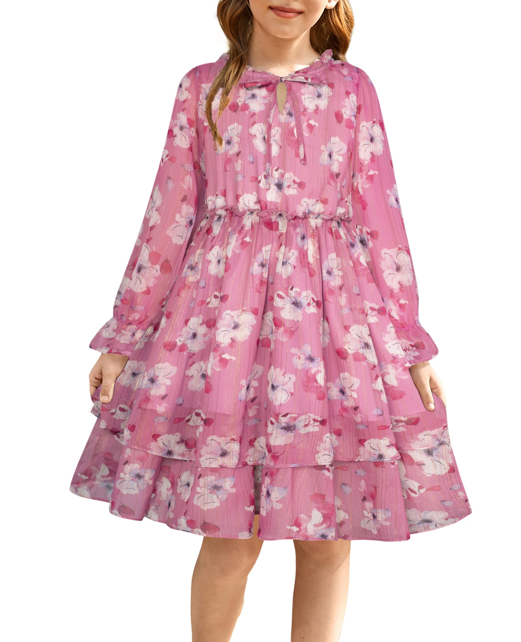 GRACE KARIN Kids Girls Dresses Size 12-14 Fall Long Sleeve Dress Party Formal Hawaiian Dress Fashion Floral Dresss Pink