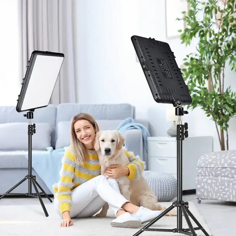 Black rectangular led video light on a tripod stand