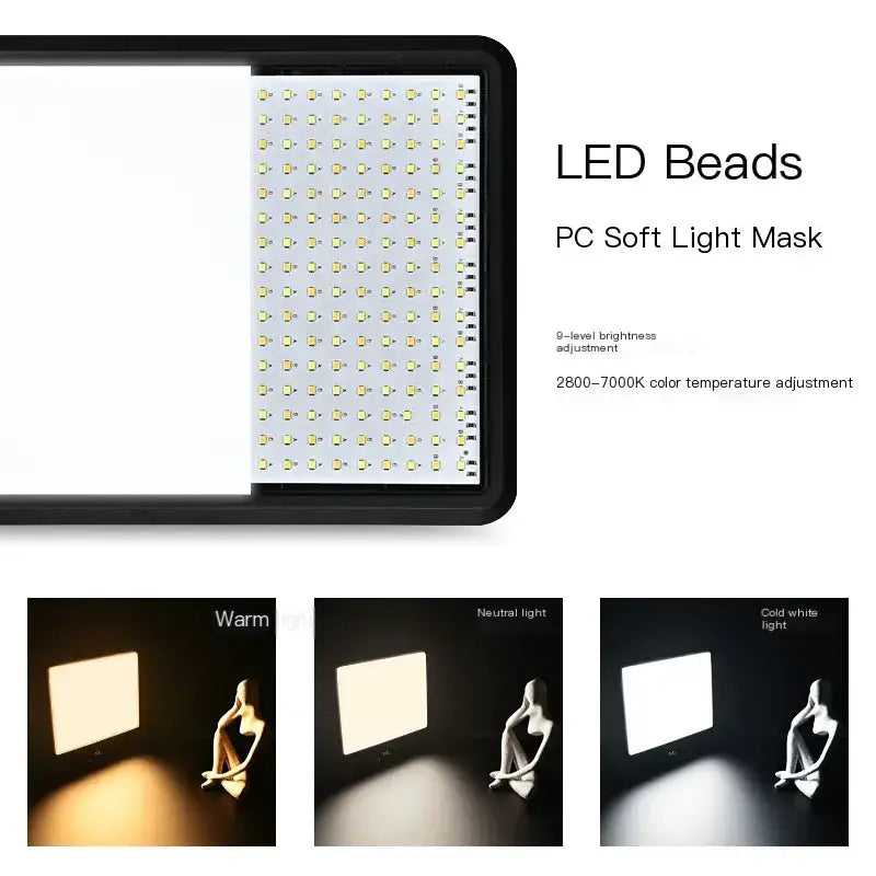 Black-framed pc soft light mask with led beads offering 9-level brightness adjustment and color temperature control from 2800k to 7000k.