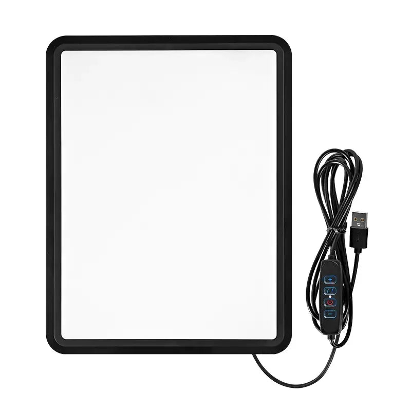 Black-framed usb-powered led light panel with a control unit featuring multiple buttons for brightness and color adjustment.