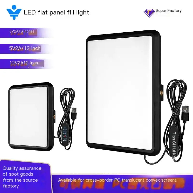 Black-framed led flat panel fill light with a white illuminated surface and usb cable for power.