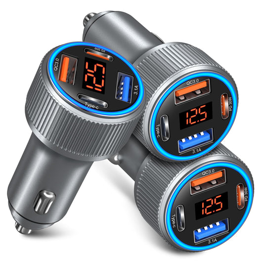 USB C Car Charger, 3 Pack 65W Car Charger Adapter Multi Port QC 3.0+PD 30W Super Fast Cigarette Lighter 12V USB Charger with Voltmeter for iPhone 16/15/14/13/12/11 Pro Max,Samsung,Android(Gray)