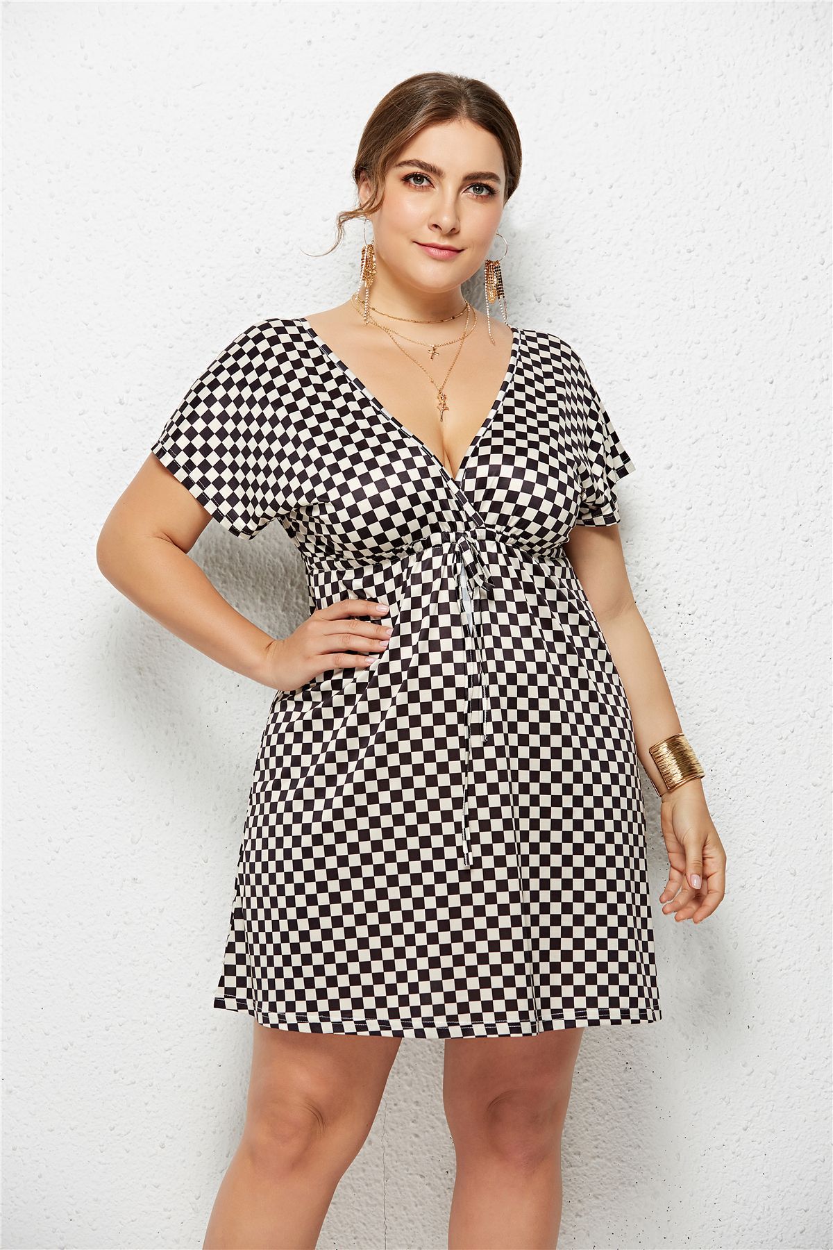 Printed Deep V-Neck Dress with Elastic Waist