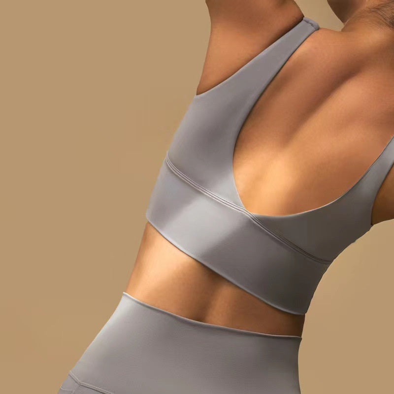 Women's Deep V Sports Bra with Chest Pad and High Collar