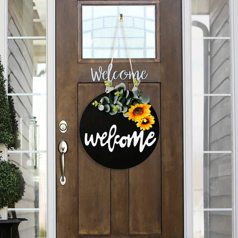 Round Wood Welcome Sign for Festive Front Door Decor