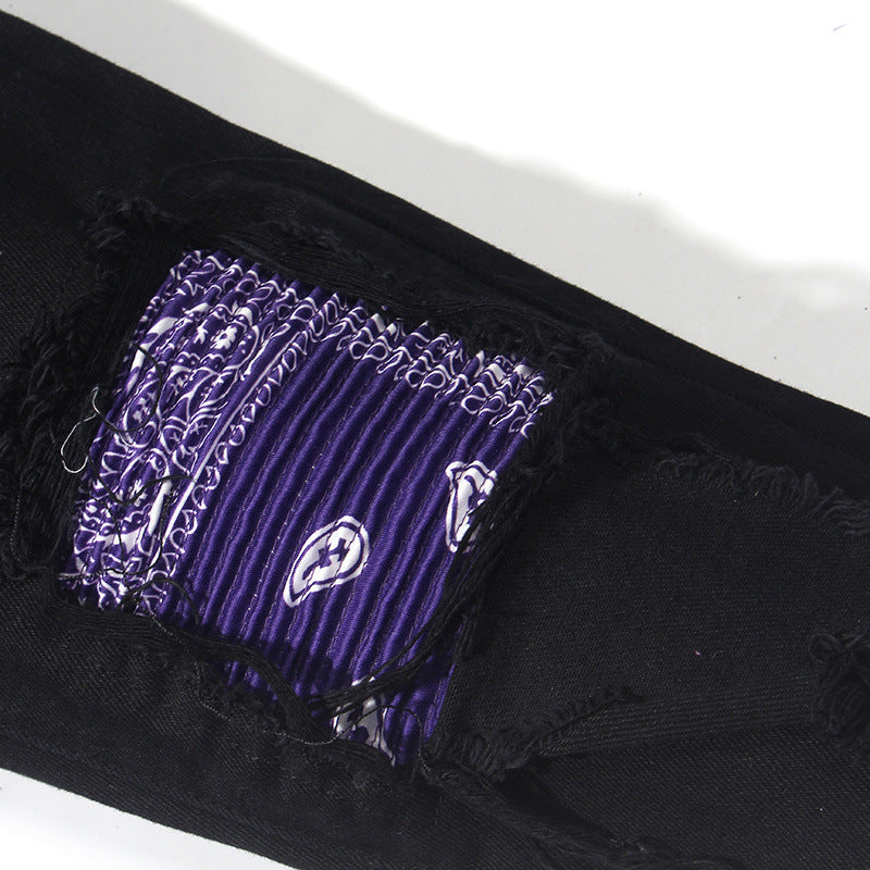 Washed Ripped Cat's Whisker Patchwork Jeans (Slim Fit)
