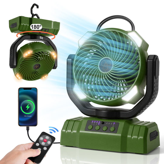 Odoland Portable Camping Fan with LED Light 30000mAh Rechargeable Battery Operated Oscillating Fan with Remote & Hook Outdoor Tent Fan with Timer 4 Speeds for Power Outage Travel Jobsite Green