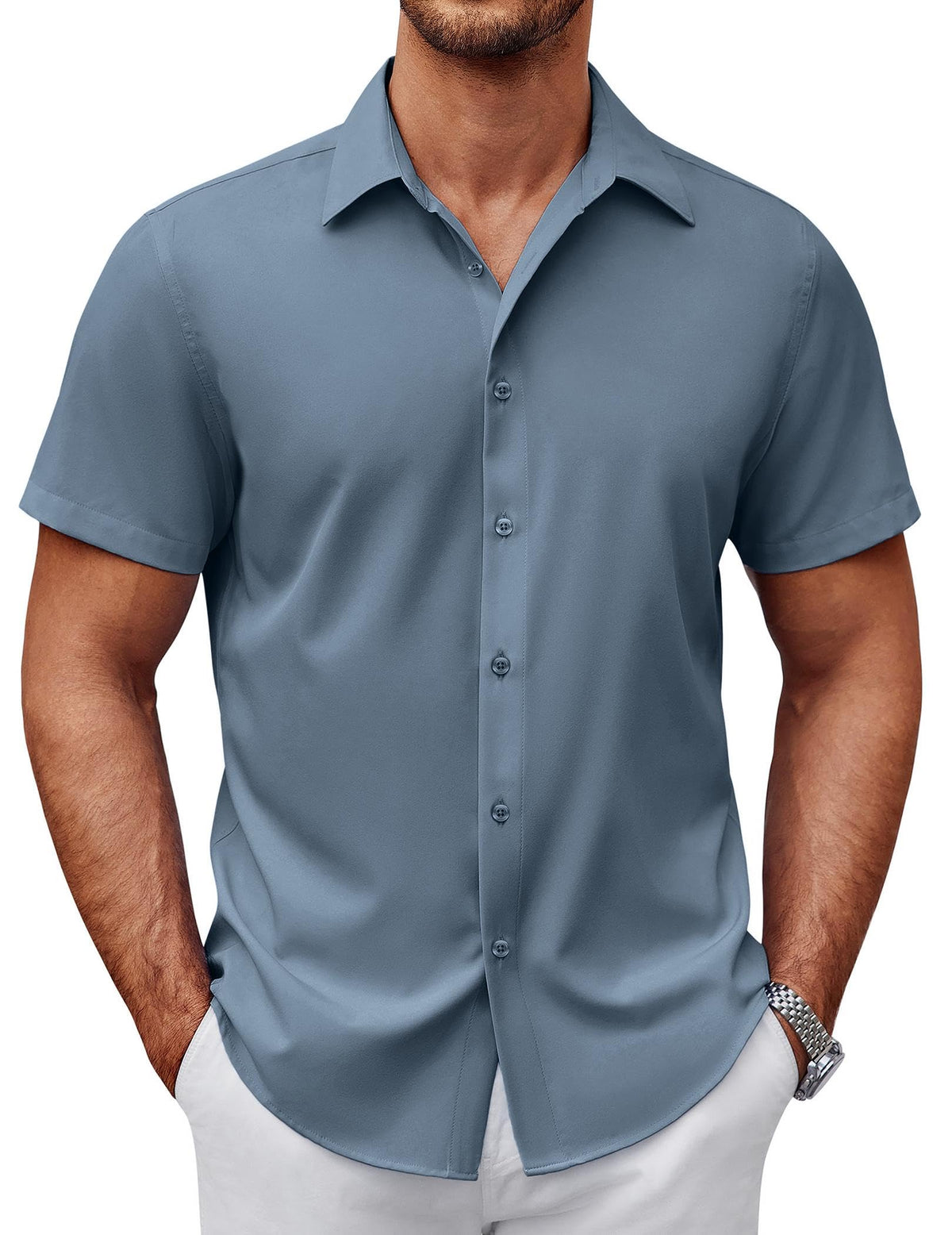 COOFANDY Mens Casual Button Down Shirt Short Sleeve Casual Shirts for Men Summer Wrinkle Free Dress Shirts Grey Blue