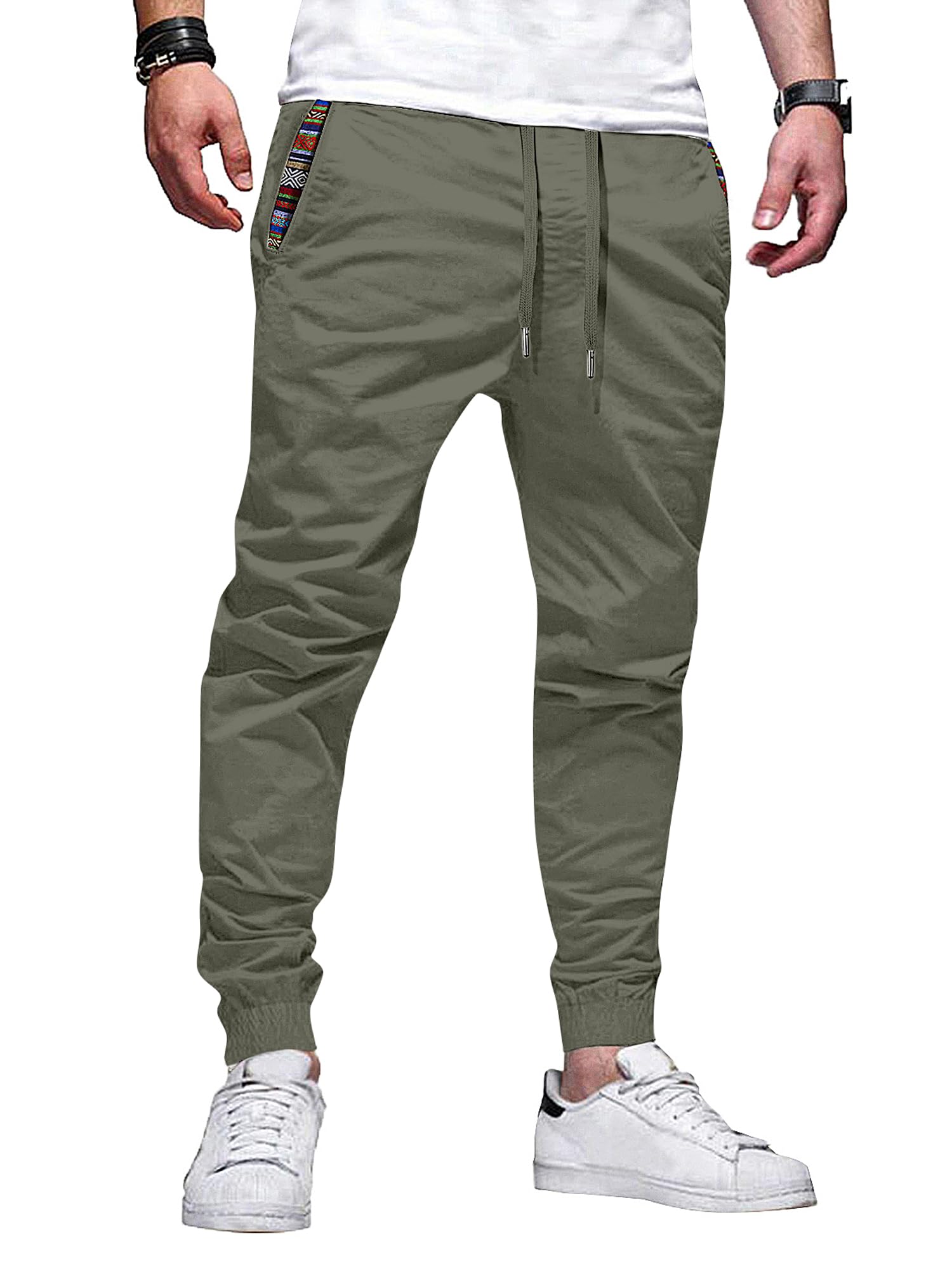 JMIERR Fall Cotton Mens Casual Pants Relaxed Fitted Twill Drawstring Stretch Waist Tapered Chino Joggers Athletic Sweatpants with Pockets 2XL Vineyard Green
