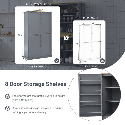 40.2x20x71.3 Inches Tall Freestanding Kitchen Pantry Large Cabinet Storage Cabinet Unavailable Platforms- Welfel