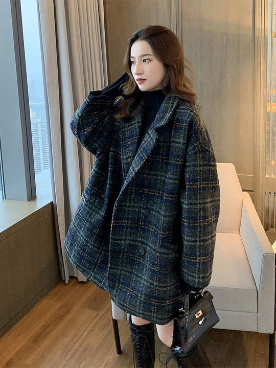 Thick Woolen Mid-Length Plaid Tweed Coat