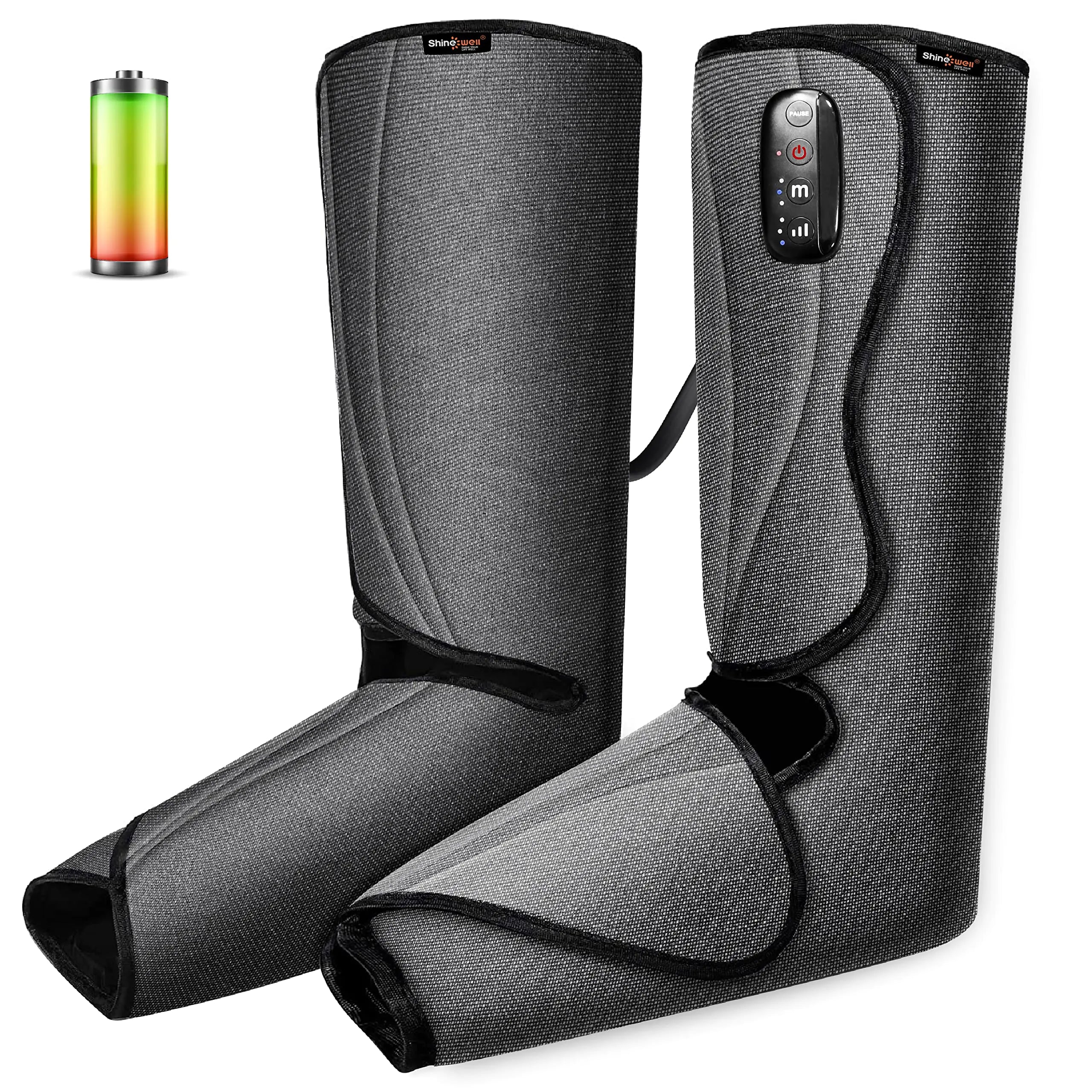 SHINE WELL Leg Massager for Circulation Rechargeable Air Compression Leg Massager with Built-on Controller 3 Modes 3 Intensities Cordless Leg Compression Massager for Pain Relief Home and Office Use