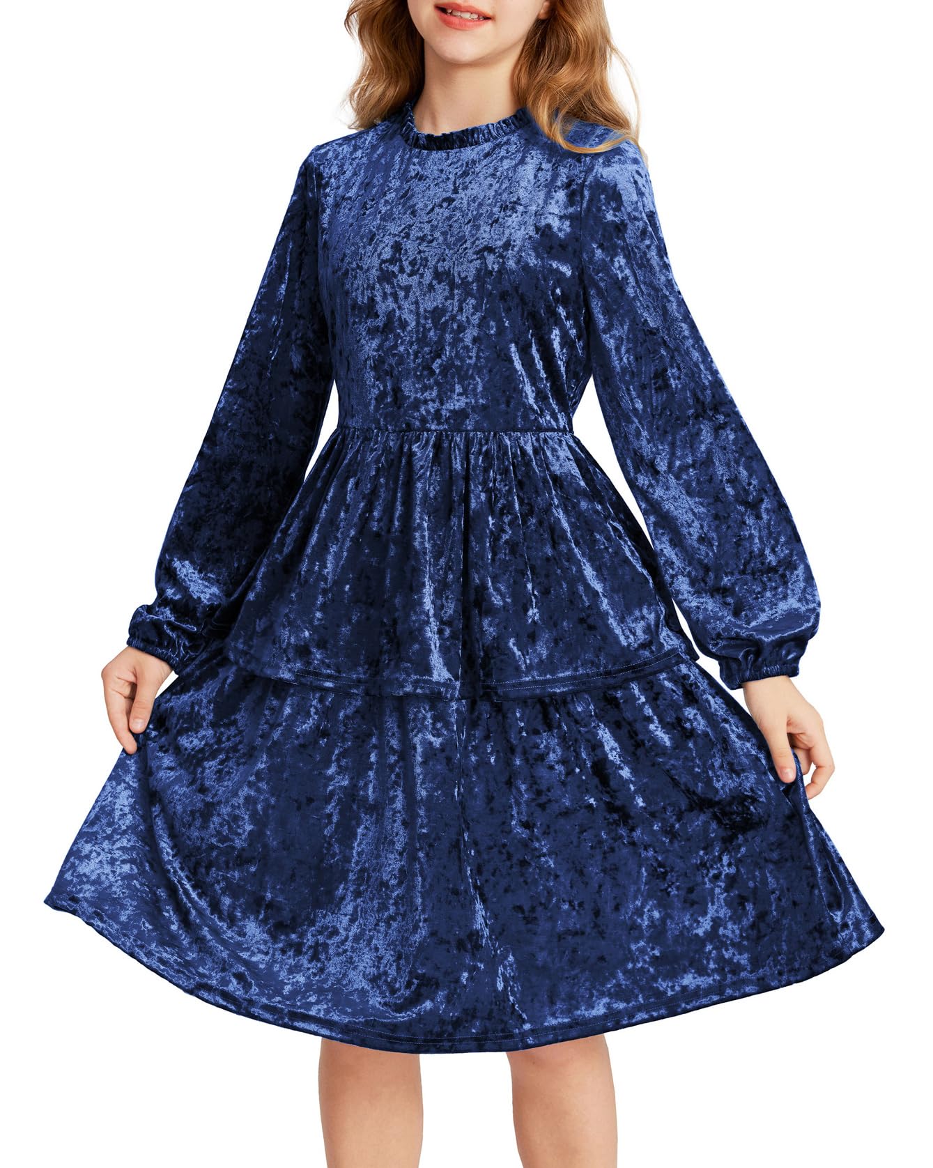 GRACE KARIN Tween Girls Dresses Size 10-12 Party Velvet Dress Fall Special Occasion Holiday Formal Pageant Dress Dark Blue