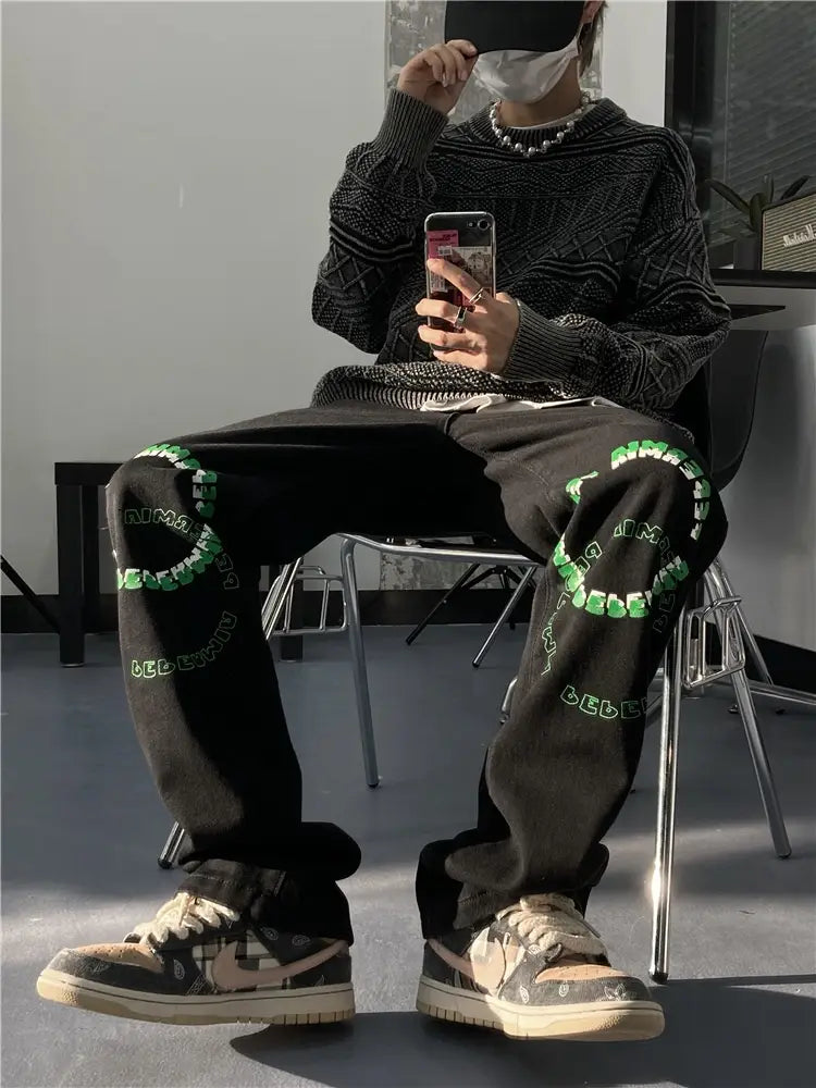 Men’s Straight Loose-Fitting Wide-Leg Letter Jeans