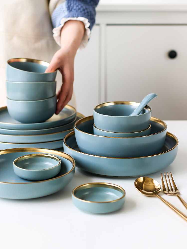 Nordic Gold Trim Ceramic Dinnerware Set (Plates & Bowls)