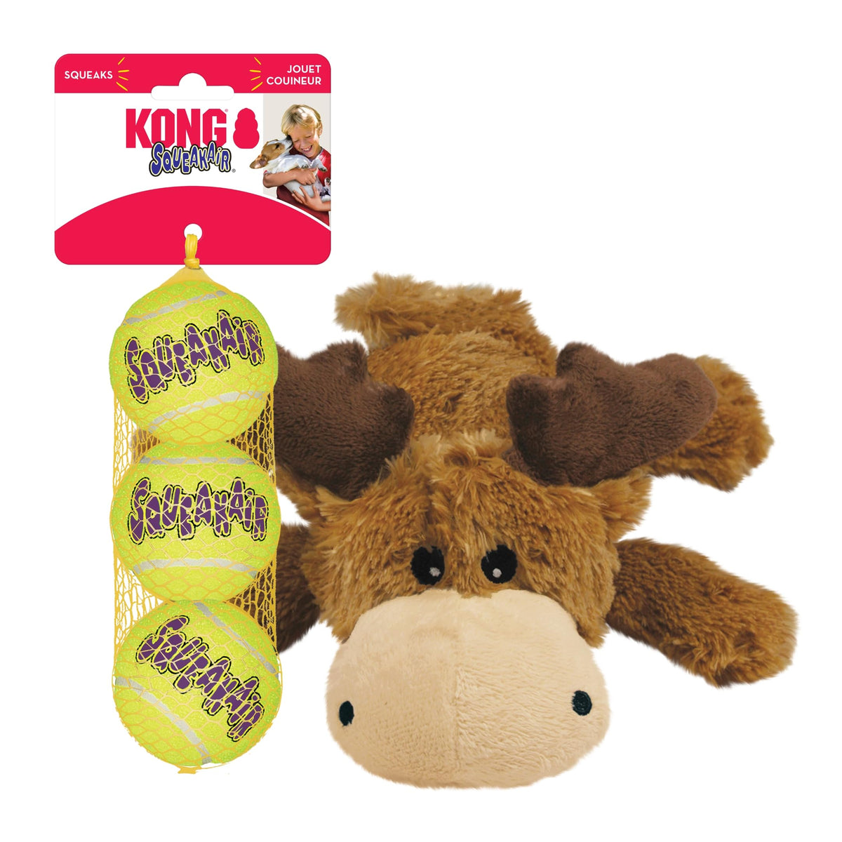 KONG Cozie Marvin Moose & SqueakAir Balls (3 Pack) - Dog Fetch & Chew Toys for Fun - Soft Toy Moose for Indoor Play - Durable Dog Toy Balls for Outdoor Play - for Small Dogs
