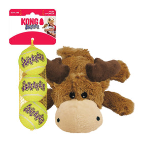 KONG Cozie Marvin Moose & SqueakAir Balls (3 Pack) - Dog Fetch & Chew Toys for Fun - Soft Toy Moose for Indoor Play - Durable Dog Toy Balls for Outdoor Play - for Small Dogs