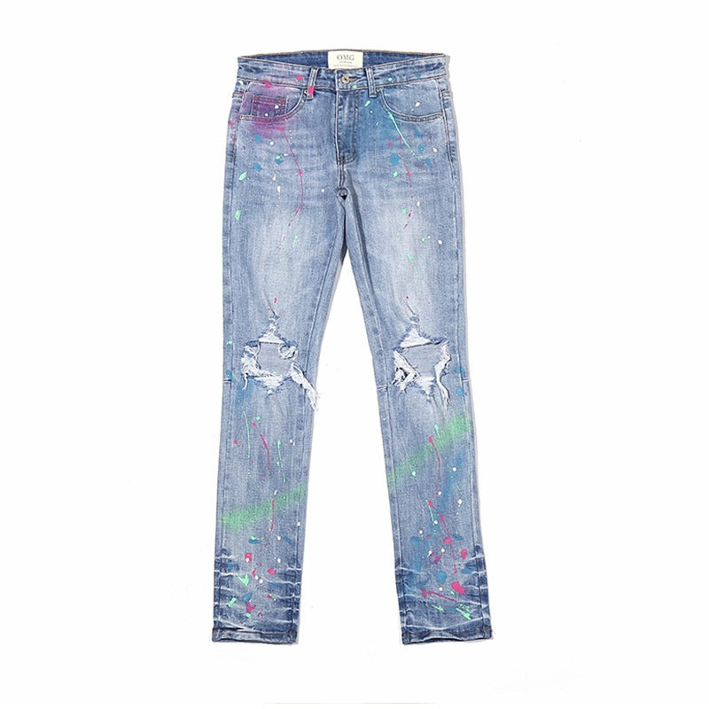 Men's Summer Slim Fit Distressed Paint Splatter Jeans