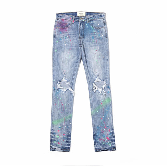 Men's Summer Slim Fit Distressed Paint Splatter Jeans
