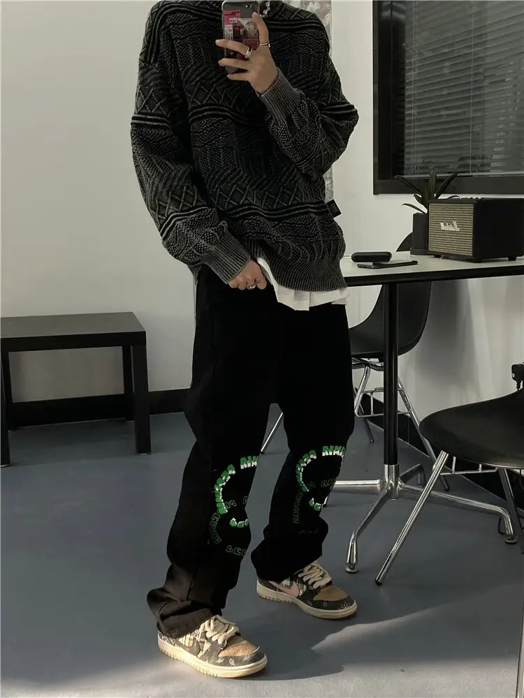 Men’s Straight Loose-Fitting Wide-Leg Letter Jeans