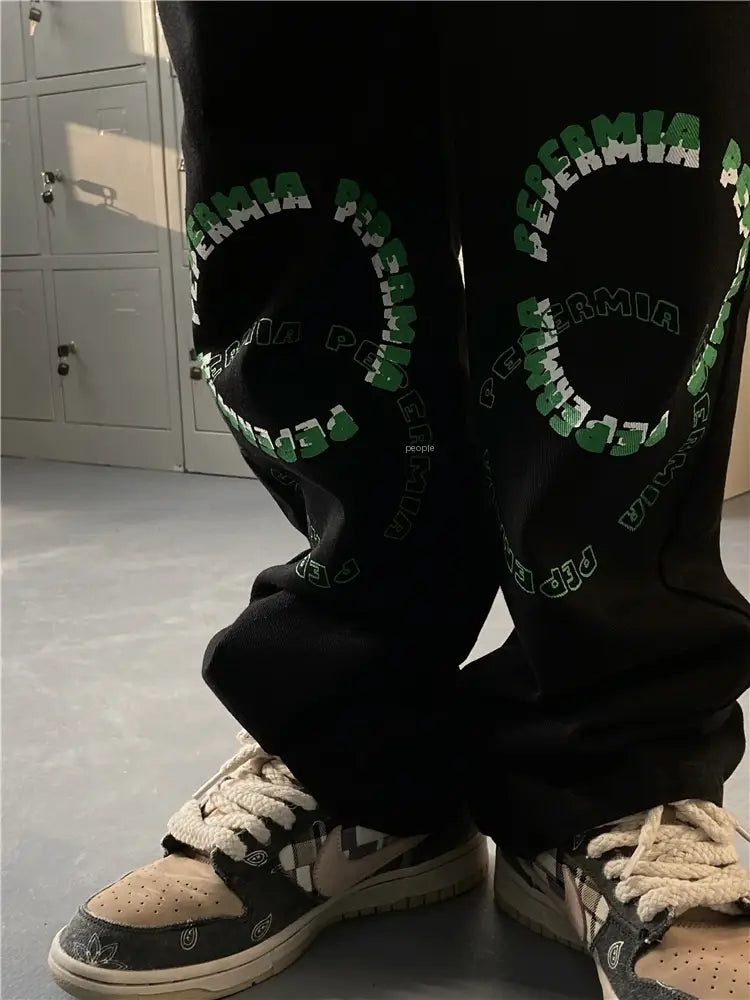 Men’s Straight Loose-Fitting Wide-Leg Letter Jeans