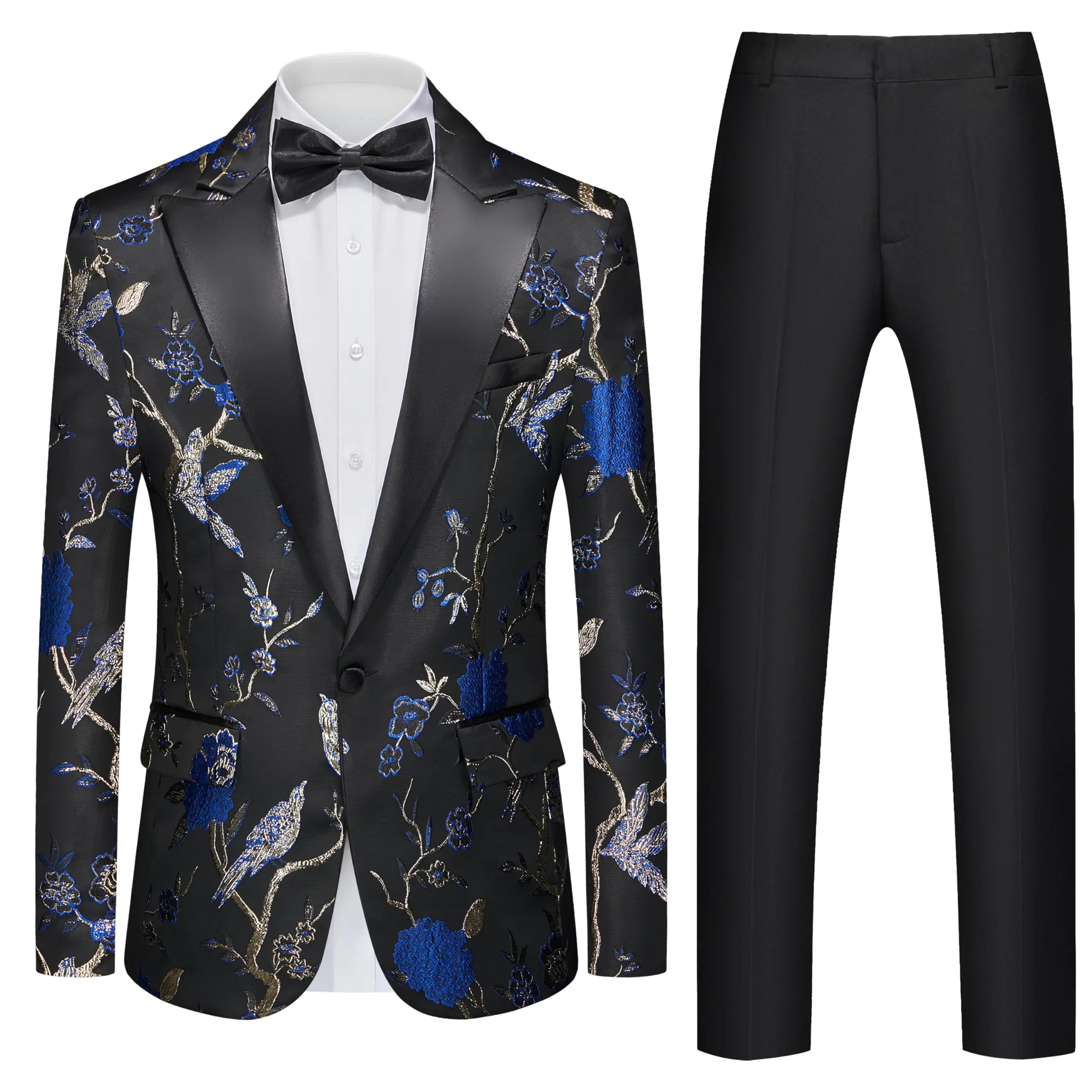 Mens Suits Slim Fit 2 Piece Floral Tuxedo Suits Blazer Pants with Bow Tie for Wedding Prom