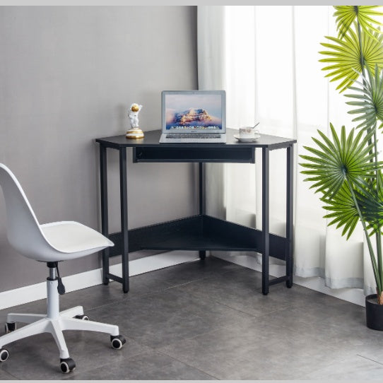 Triangle Computer Desk, Corner Table With Sleek Keyboard Tray And Storage Shelves As A Workstation For Small Spaces