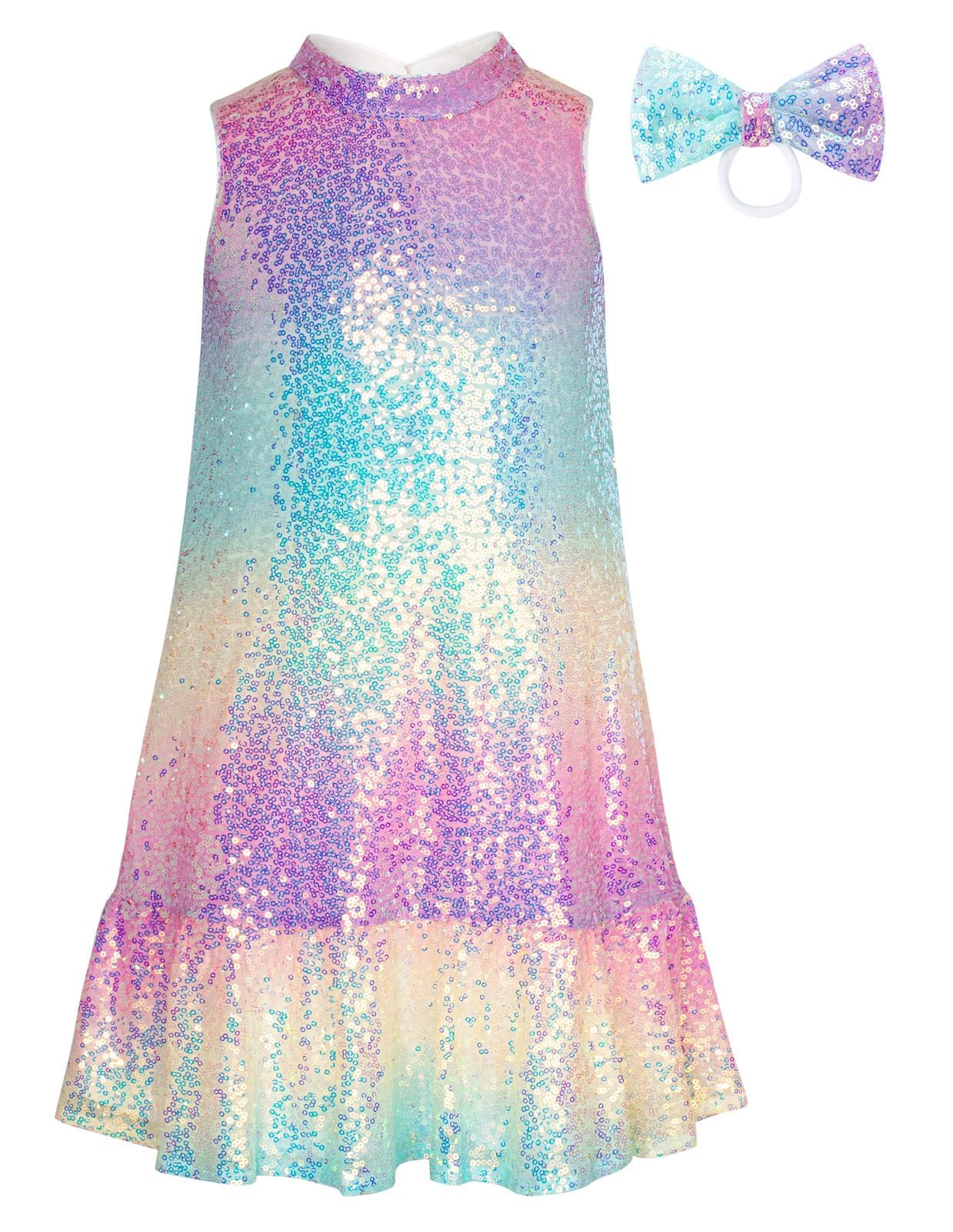 GRACE KARIN Girls Kid Sequin Party Dresses Mock Neck Sleeveless Sparkly Fancy Formal Dress(Rainbow10-12 Years)
