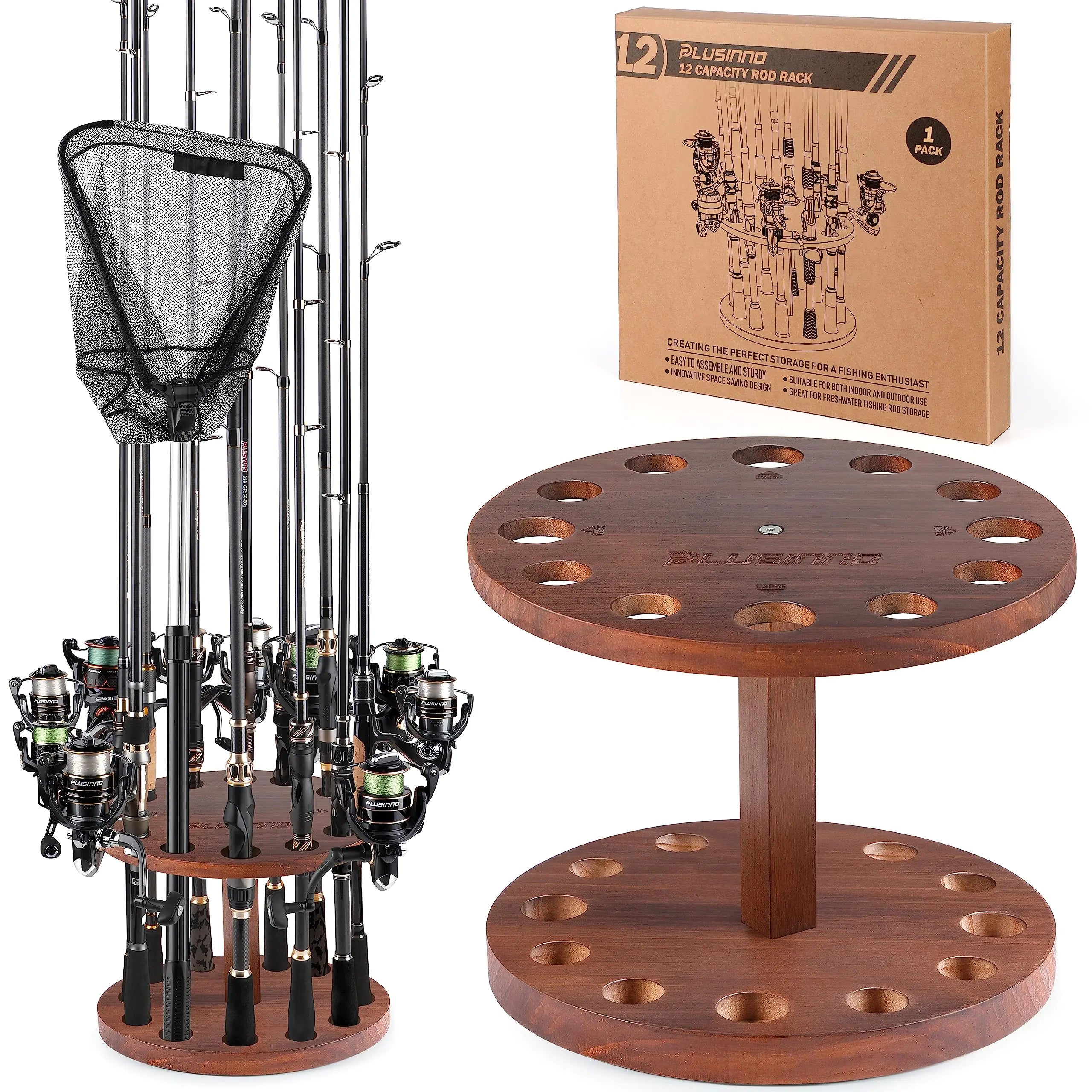 PLUSINNO V12 Fishing Rod Holders for Garage Vertical Fishing Pole Holders Wooden Round Floor Stand Fishing Rod Rack Holds up to 12 Rods or Fishing Nets Storage Organizer Racks Fishing Gifts for Men