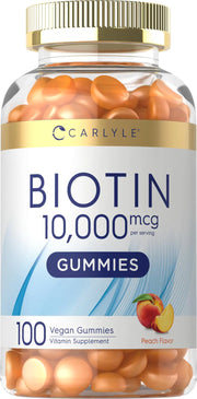 Carlyle Biotin 10000mcg Gummies | 100 Count | Peach Flavor Supplement | Vegan Non-GMO Gluten Free