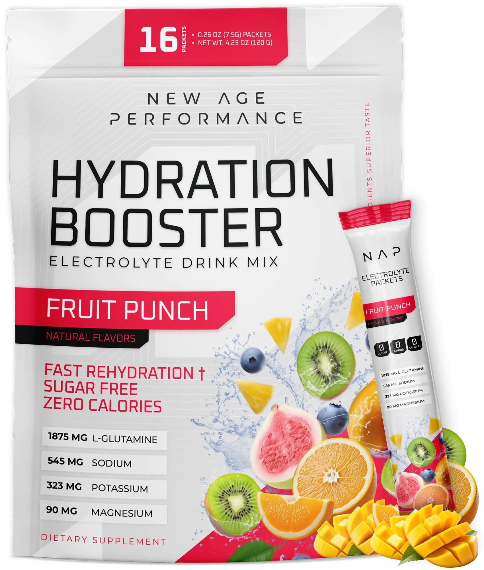 New Age Performance Hydration Packets Electrolytes Powder Liquid Enhancer for Dehydration Relief L-Glutamine Amino Acids for Muscle Workout Recovery Sugar Free & 0 Calorie 16 Sticks (Fruit Punch)