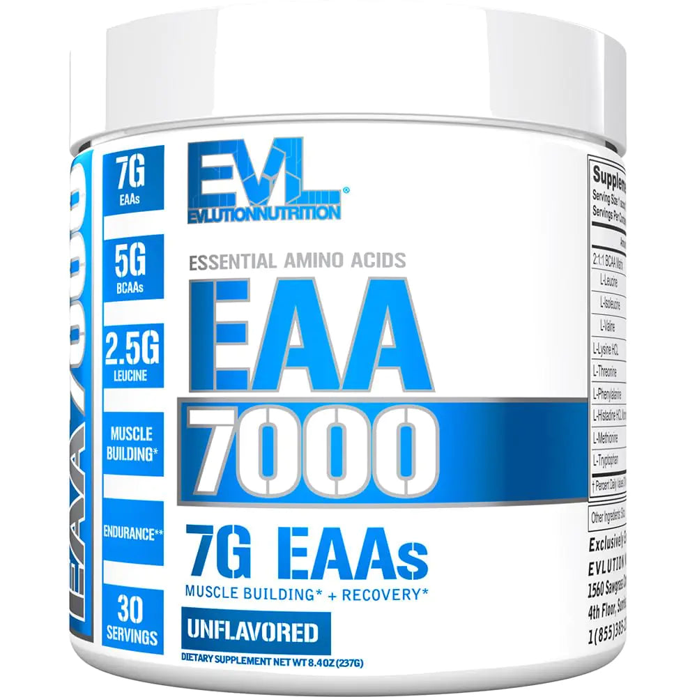 Evlution Nutrition EAA7000 - Pre & Post Workout Powder - Muscle Building + Recovery Supplement - 7g Essential Amino Acids + 5g BCAAs - Endurance + Energy Support - 30 Servings - Unflavored