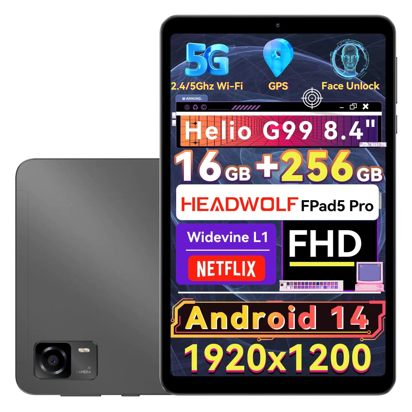 Headwolf Android 14 Tablet FPad5 Pro 8.4 inch Helio G99 Android Tablet 16GB RAM + 256GB ROM FHD 1920 * 1200 Display Gaming Tablet Widevine L1 5500mAh 13MP+8MP 2.4G/5G WiFi Tablet PC