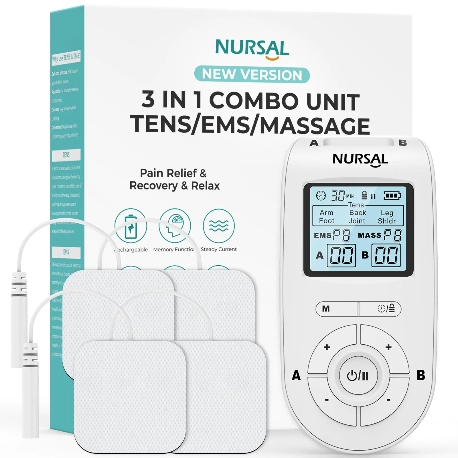 NURSAL 3-in-1 Tens Unit Muscle Stimulator Machine Dual Channel Electronic Pulse Massager Tens EMS Machine with 40 Intensities for Gradual Pain Relief Therapy