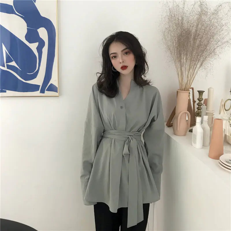 Retro Long Sleeve Tie Shirt with Unique Design - Joomcy
