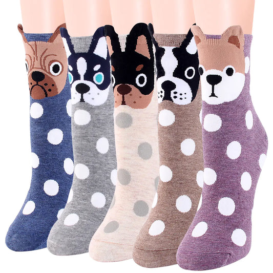 Korean Polka Dot Women's Socks with Cute Puppy Design - Joomcy