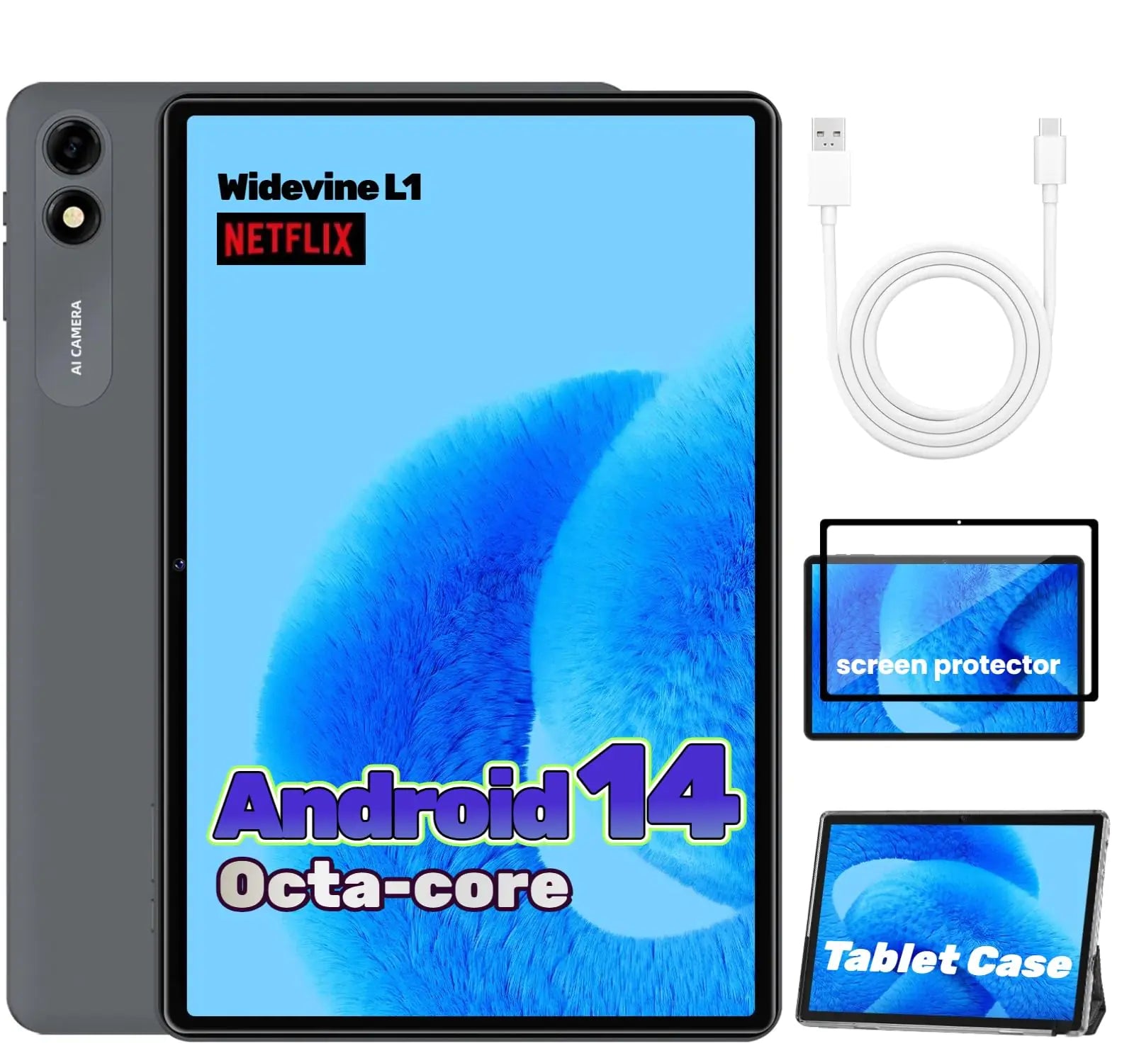 JIKOCXN Android 14 Tablet 10 inch Tablets Octa Core 1280 * 800 Display Android Tablet 10GB RAM + 64GB ROM Widevine L1 Support 6000mAh WiFi Tablet PC (Black)