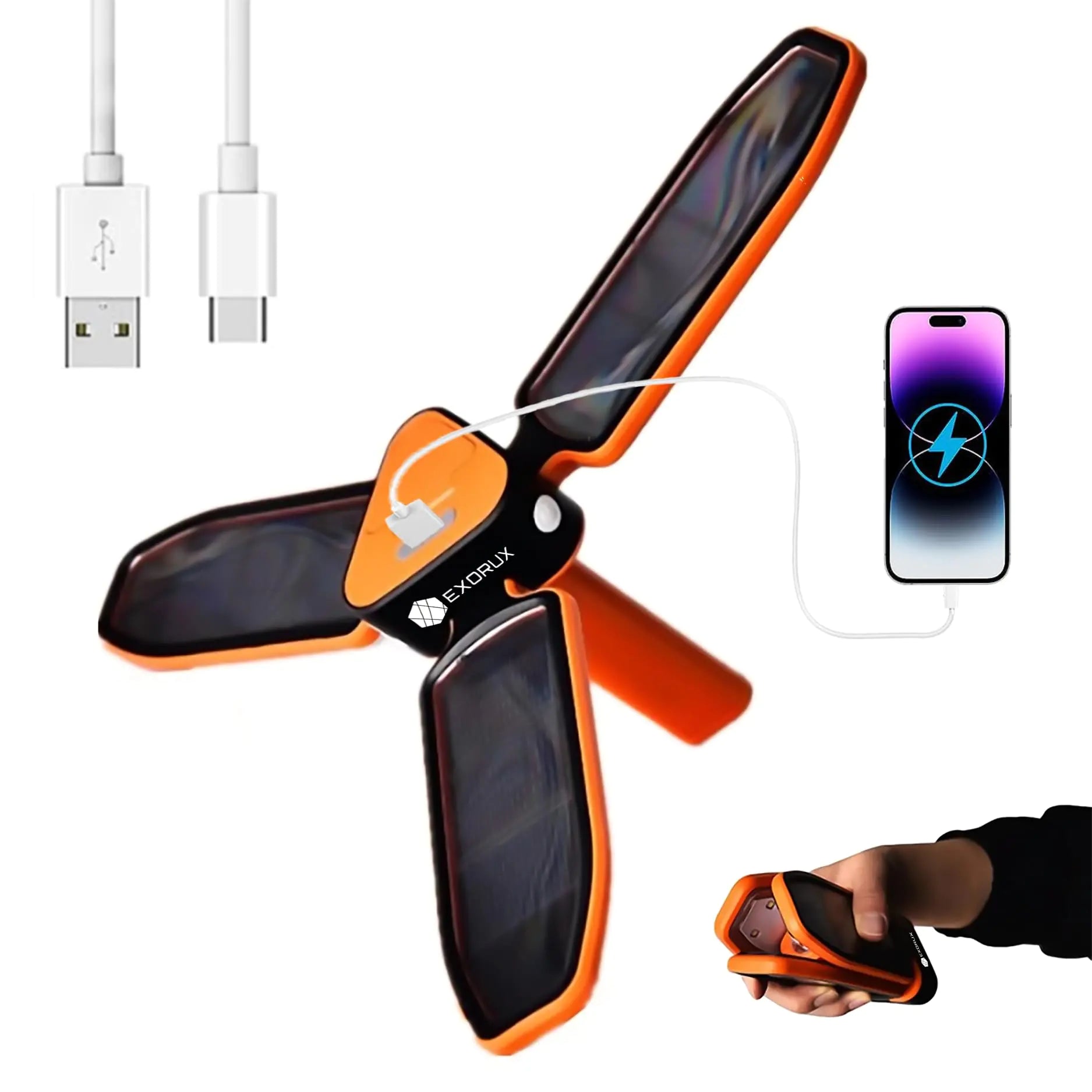 EXORUX 3in1 Solar Camping Lantern/Outdoor Tent Flashlights for Camping Collapsible Clover Style LED Emergency Light USB Fast Rechargeable Solar Lantern for Power Outages Hanging Camping Flashlight