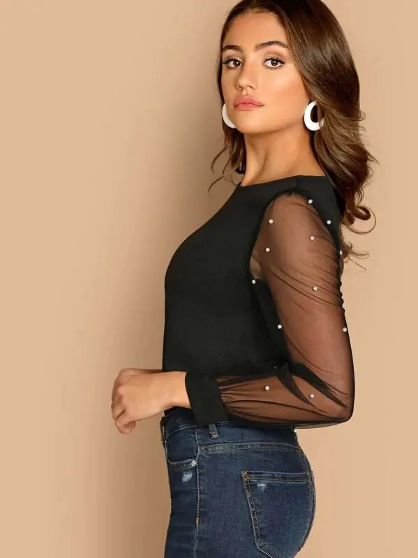 Long Sleeve Blouse with Beaded Mesh Panels - Joomcy