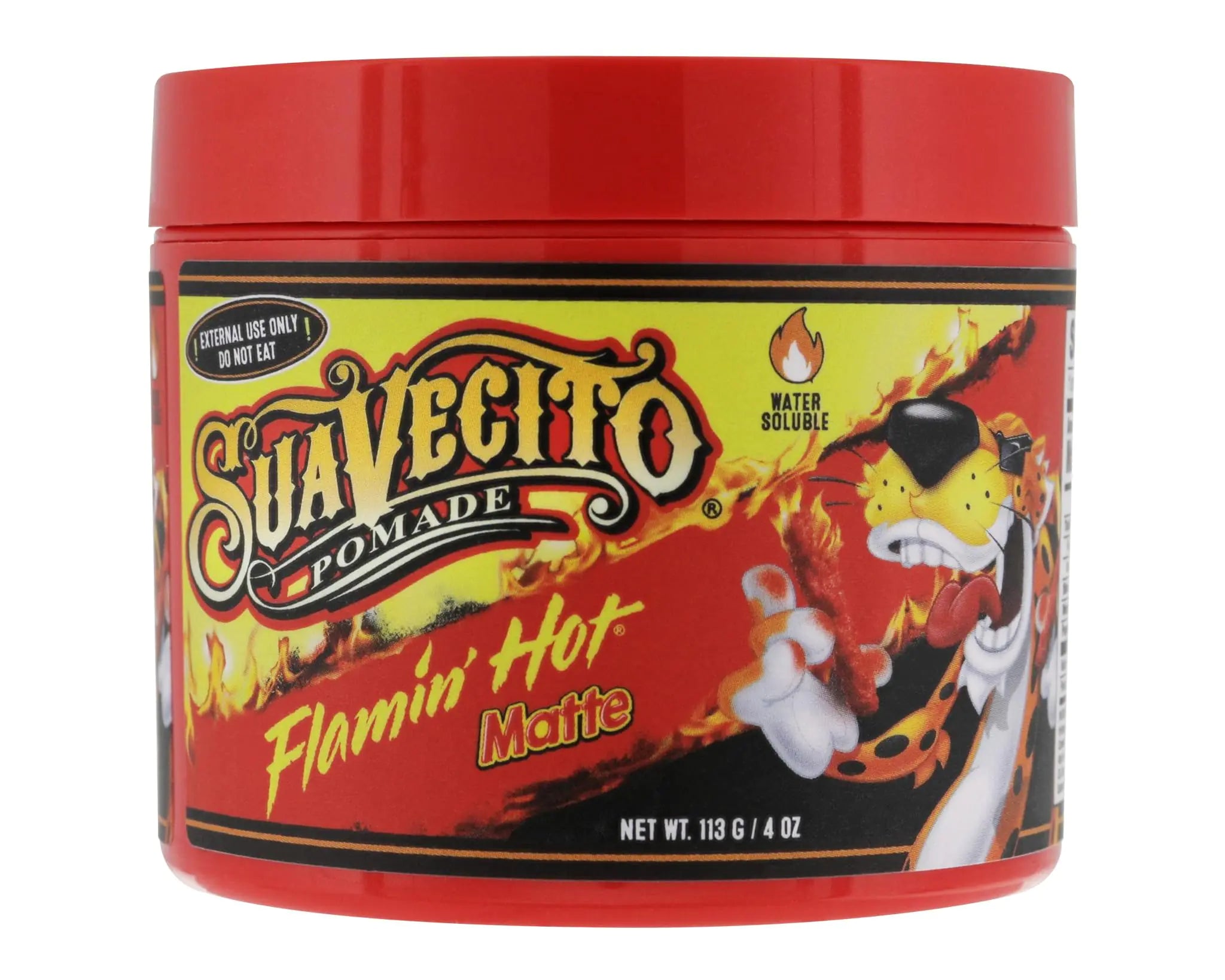 Suavecito X Flamin Hot Cheetos Pomade Matte (No Shine) Formula 4 oz - Medium Shine Water Based Wax Like Flake Free Hair Gel - Easy To Wash Out - All Day Hold For All Hairstyles