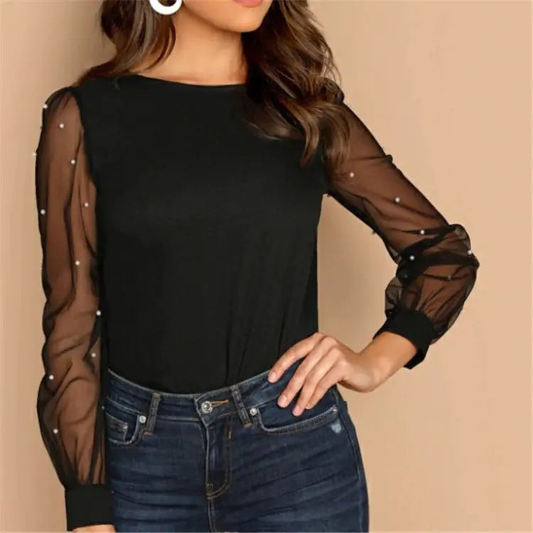 Long Sleeve Blouse with Beaded Mesh Panels - Joomcy