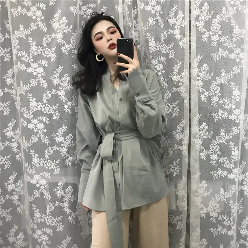 Retro Long Sleeve Tie Shirt with Unique Design - Joomcy