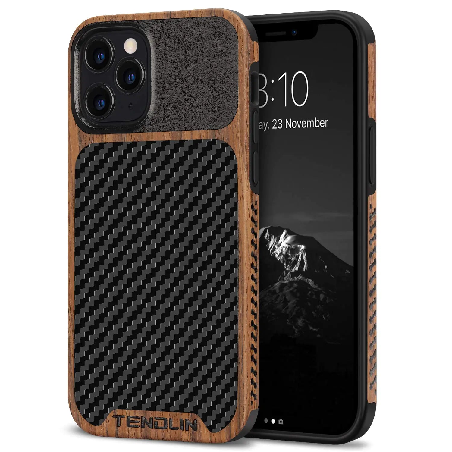 TENDLIN Compatible with iPhone 12 Case/iPhone 12 Pro Case Wood Grain with Carbon Fiber Texture Design Leather Hybrid Case Black - Joomcy