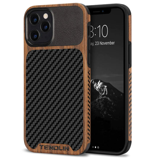 TENDLIN Compatible with iPhone 12 Case/iPhone 12 Pro Case Wood Grain with Carbon Fiber Texture Design Leather Hybrid Case Black - Joomcy