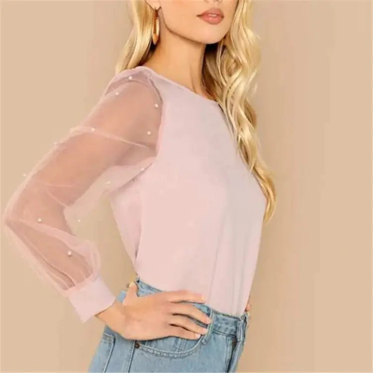 Long Sleeve Blouse with Beaded Mesh Panels - Joomcy